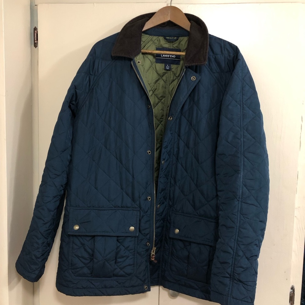 Lands End Blue Primaloft Quilted Down-Style Coat Corduroy Collar